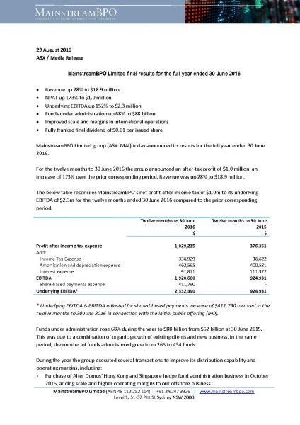 MainstreamBPO Limited final results for the full year ended 30 June 2016