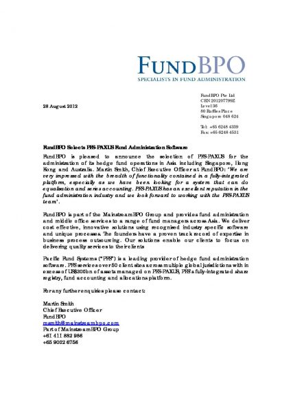 FundBPO Selects PFS-PAXUS Fund Administration Software